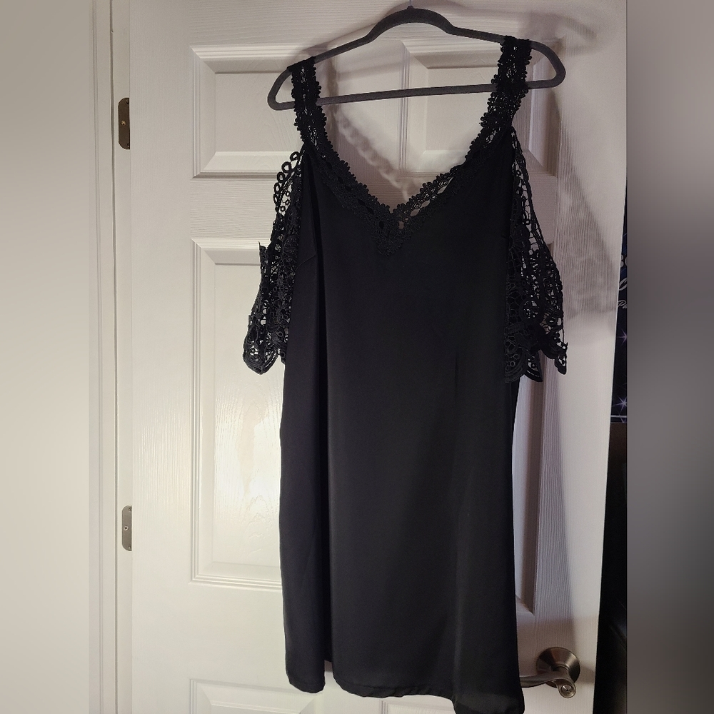 Shein Curve black cold shoulder dress with lace cut out